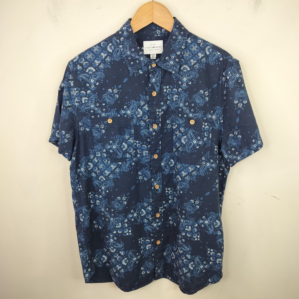 Lucky Brand Paisley Button Down Shirt Mens Medium Short Sleeve Navy Blue